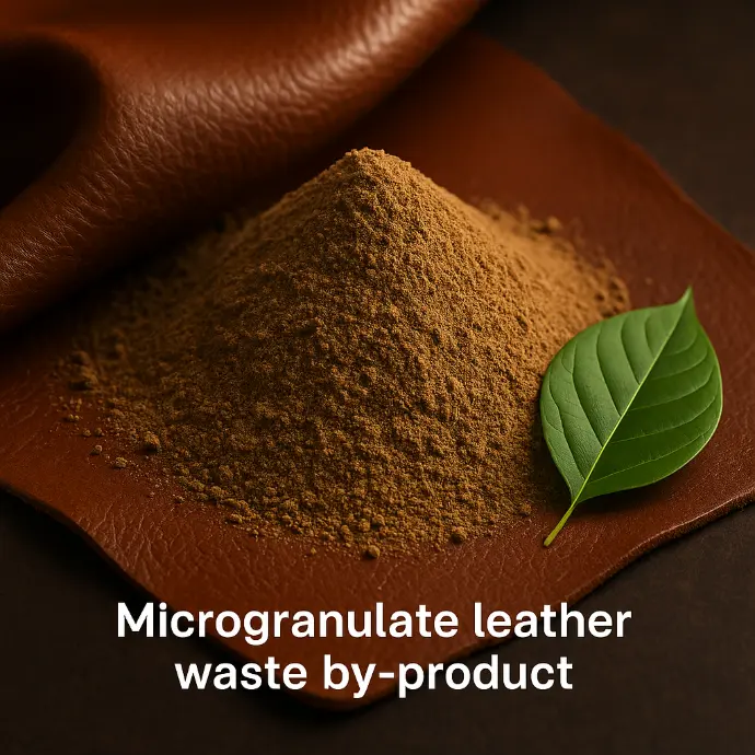 Ekologiczny mikrogranulat ze skóry ułożony obok arkusza skóry z zielonym liściem