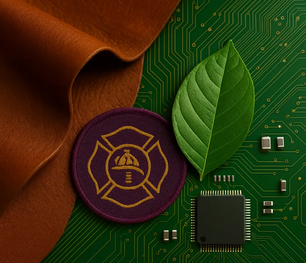 Brązowa skóra leżąca na zielonej płytce PCB z odznaką strażacką i liściem.