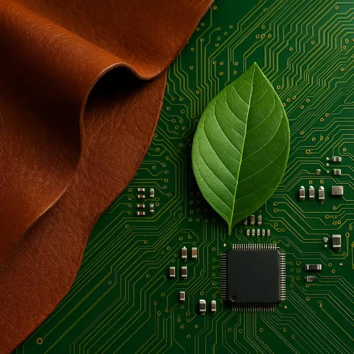 Brązowa skóra na płytce elektronicznej z zielonym liściem.