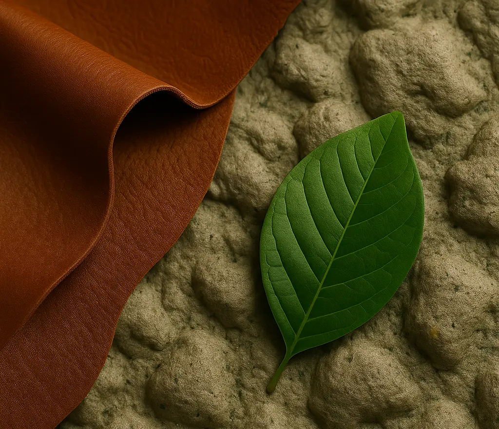 Brązowa skóra na teksturowanym tle z zielonym liściem