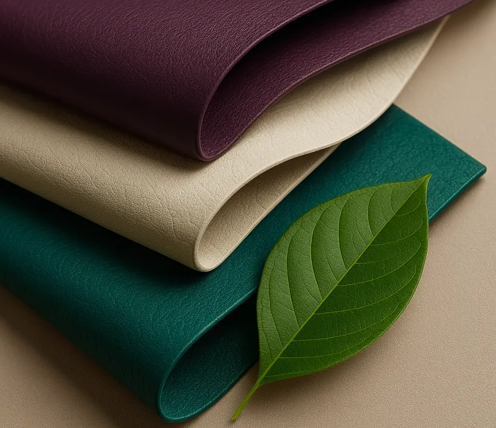 Zwinięte arkusze kolorowej skóry z zielonym liściem